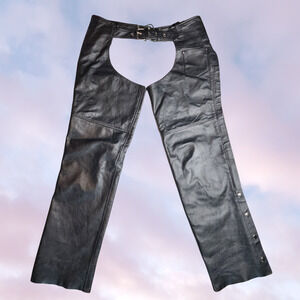 Vtg Xelement Advanced Motorcycle Black Leather Chaps Buckle Biker Festival Sz 14